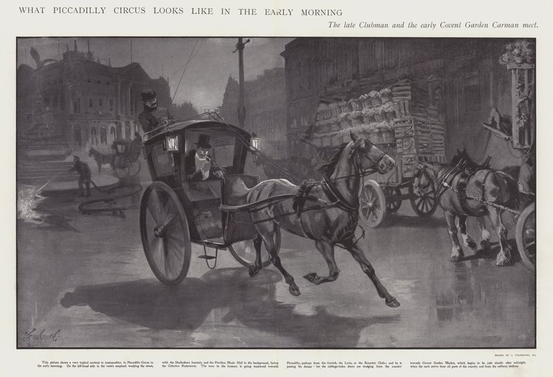 Hur Piccadilly Circus ser ut tidigt på morgonen (litho) av Joseph (after) Finnemore