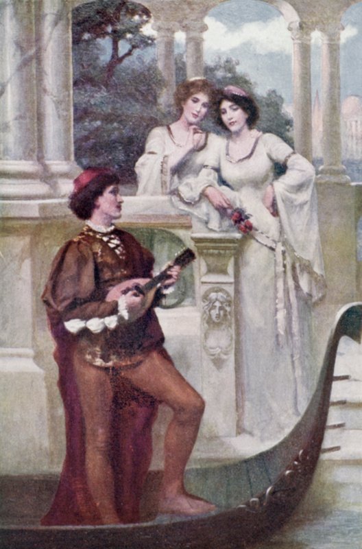Ung man spelar musik för två damer (färg litho) av Joseph (after) Finnemore