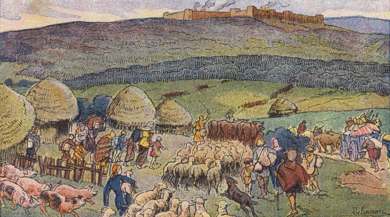 Bibracte, en stad i Gallien bebodd av smeder och en tillflyktsort i tider av fara (färg litho) av Joseph Beuzon