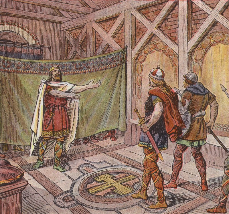 Chlothar I ser fötterna på lönnmördarna som beordrats att döda honom av hans bror Theuderic (färg litho) av Joseph Beuzon