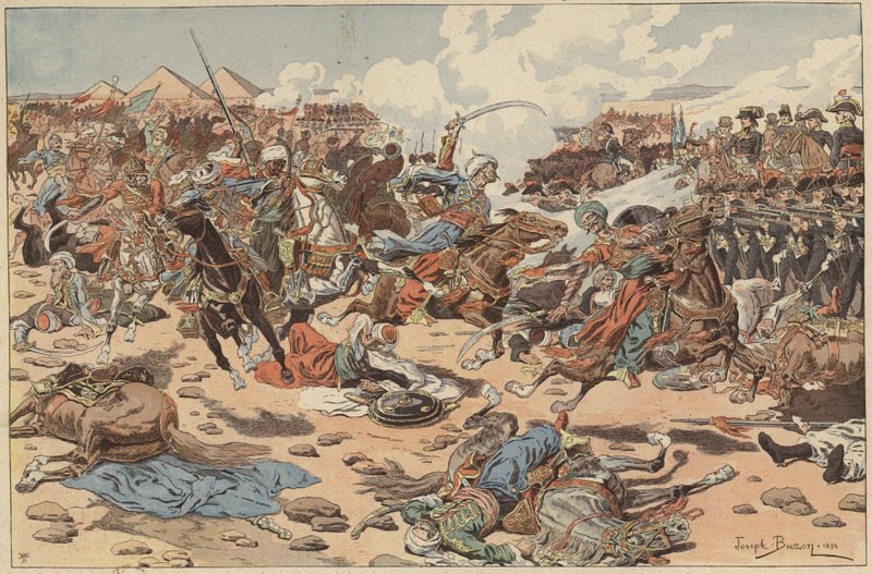 Slaget vid pyramiderna, Egypten, franska revolutionskrigen, 21 juli 1798 (färg litho) av Joseph Charles (after) Beuzon