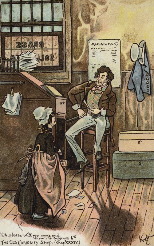 Scen från Den gamla kuriositetsbutiken, av Charles Dickens (färglitografi) av Joseph Clayton (1856 1937) (after) Clarke