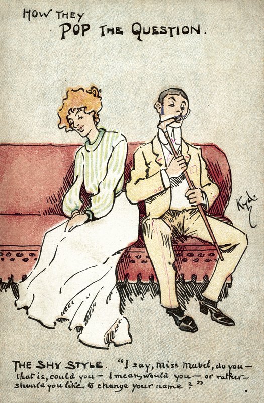 Hur man ställer frågan, den blyga stilen (färg litho) av Joseph Clayton  Clarke