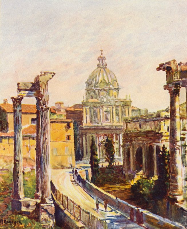 Rom: Forum sett från Capitolium (färglitografi) av Joseph Felix Bouchor