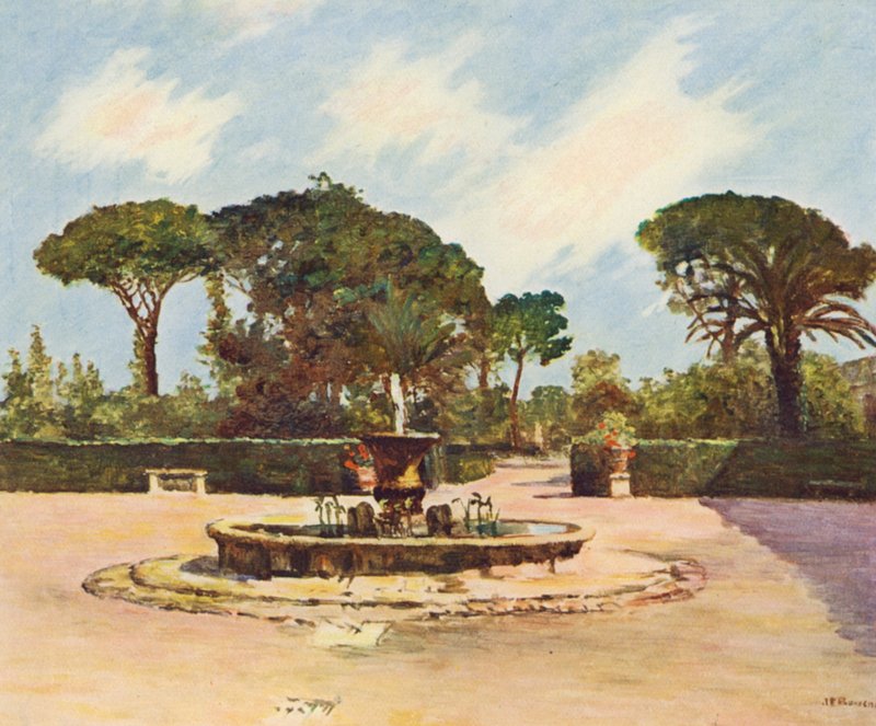 Rom: Villa Medici, Poolen och trädgården (färglitografi) av Joseph Felix Bouchor