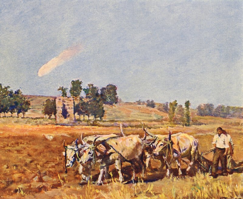 Rom: Den romerska landsbygden, oxar som plöjer (färglitografi) av Joseph Felix Bouchor