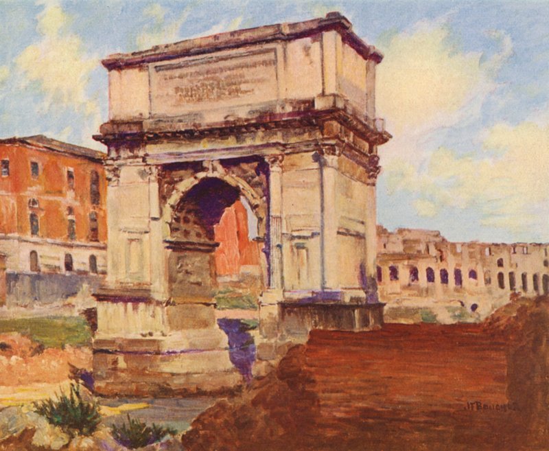 Rom: Forum, Titusbågen, Colosseum (färglitografi) av Joseph Felix Bouchor