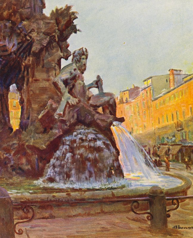 Rom: Piazza Navona, Berninis fontän (färglitografi) av Joseph Felix Bouchor