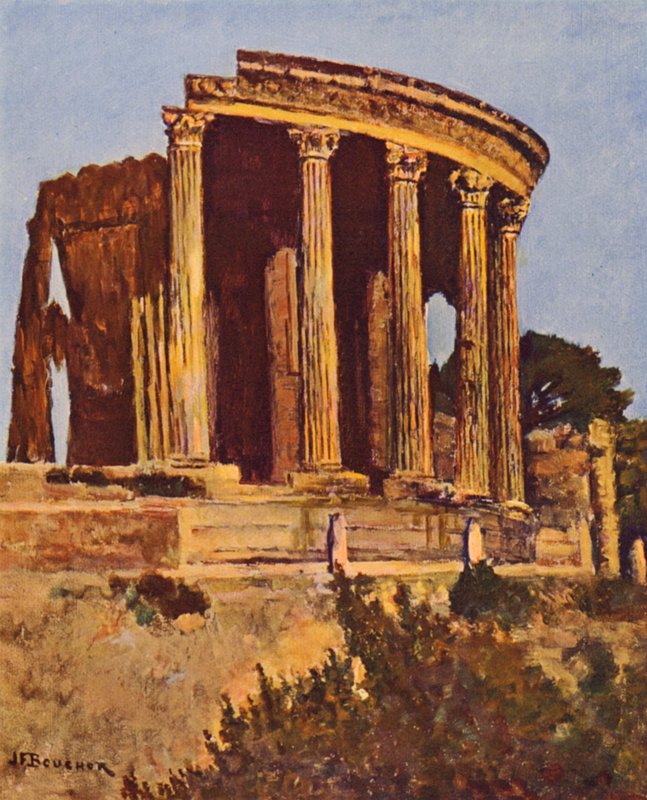 Rom: Tivoli, Sibyllans tempel (färglitografi) av Joseph Felix Bouchor
