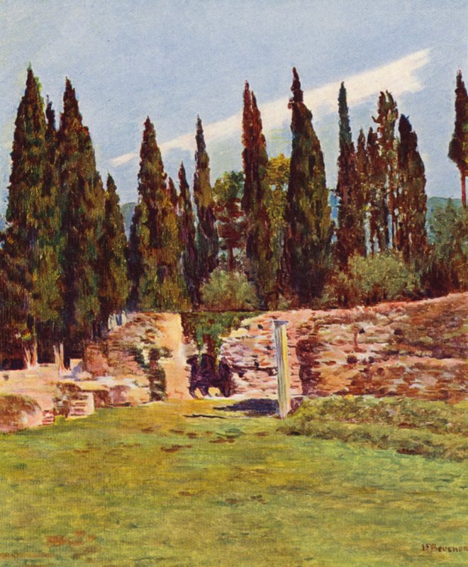 Rom: Villa Hadriana, den grekiska teaterns kolonn (färglitografi) av Joseph Felix Bouchor