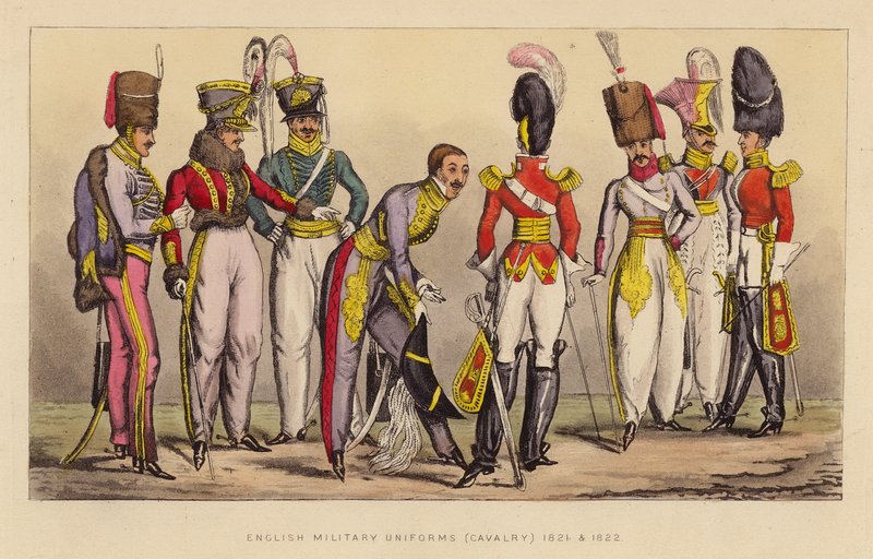 Engelska militäruniformer (kavalleri) 1821 och 1822 (gravyr i färg) av Joseph Grego