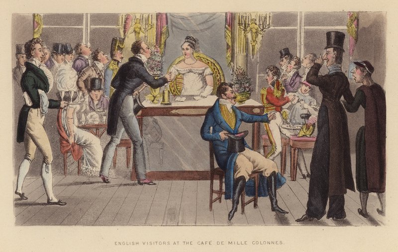 Engelska besökare på Café de Mille Colonnes (gravyr i färg) av Joseph Grego