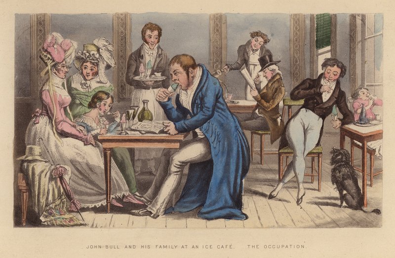 John Bull och hans familj på ett iscafé (kolorerad gravyr) av Joseph Grego