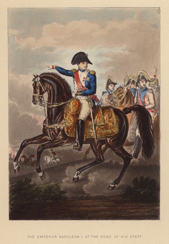 Kejsar Napoleon I i spetsen för sin stab (kolorerad gravyr) av Joseph Grego