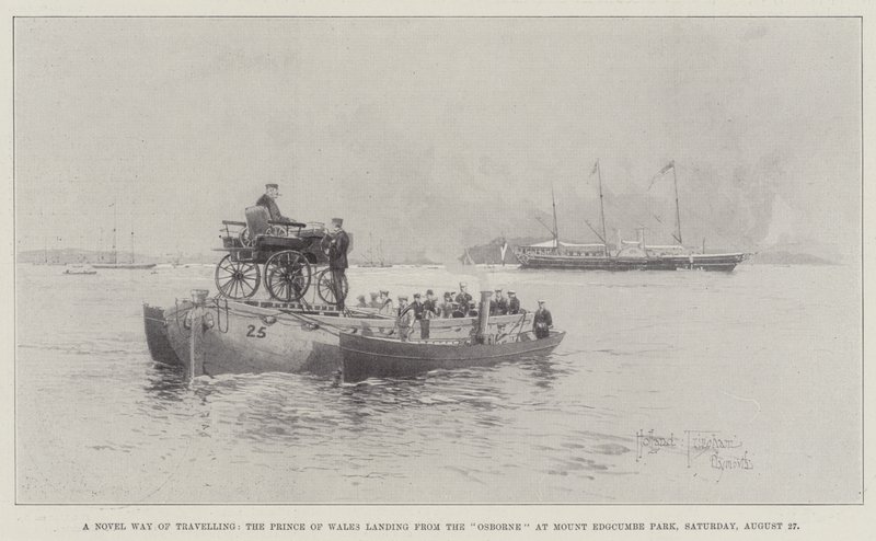 A Novel Way of Travelling, Prince of Wales landar från Osborne vid Mount Edgcumbe Park, lördagen den 27 augusti av Joseph Holland Tringham