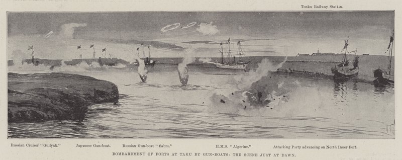 Bombardering av forten vid Taku av Gun-Boats, scenen precis vid gryningen av Joseph Holland Tringham