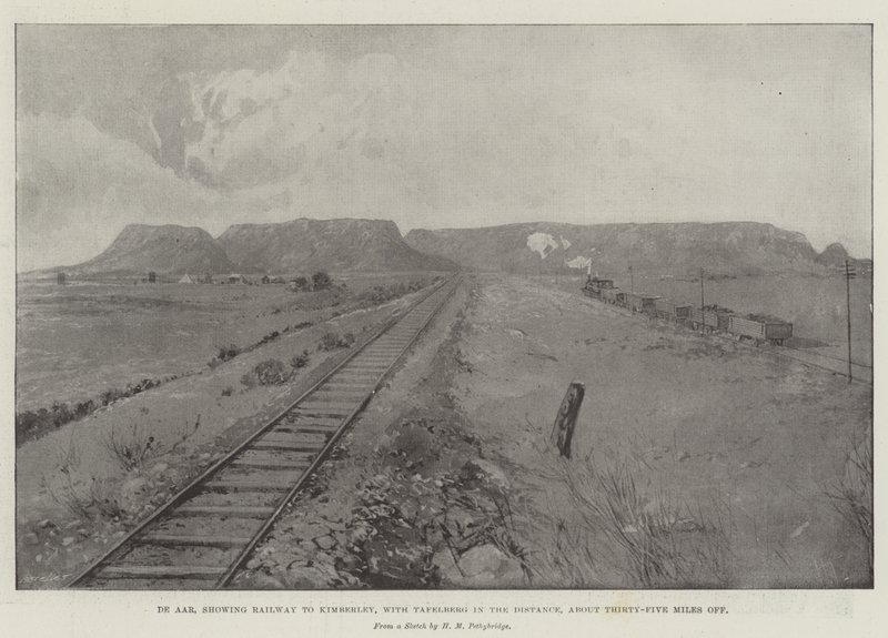 De Aar, visar Railway to Kimberley, med Tafelberg i fjärran, cirka trettiofem mil bort av Joseph Holland Tringham
