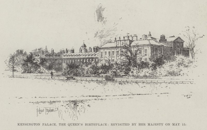 Kensington Palace, drottningens födelseort, besökt av Hennes Majestät den 15 maj. av Joseph Holland Tringham
