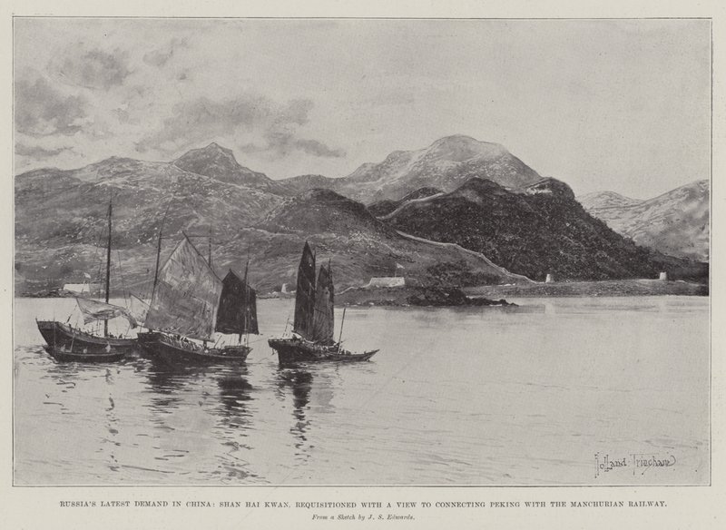 Rysslands senaste krav i Kina, Shan Hai Kwan, som begärts för att förbinda Peking med Manchuriska järnvägen. av Joseph Holland Tringham