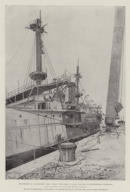 Byggandet av ett stridsfartyg, HMS Ocean, Twin-Screw, 1:a klass, 12 950 ton, på varvet i Plymouth av Joseph Holland Tringham