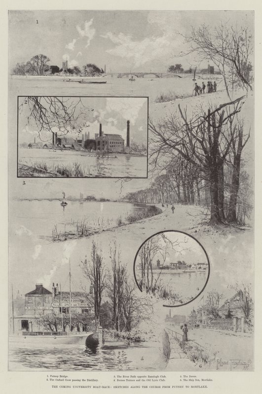 The Coming University Boat-Race, skisser längs banan från Putney till Mortlake av Joseph Holland Tringham