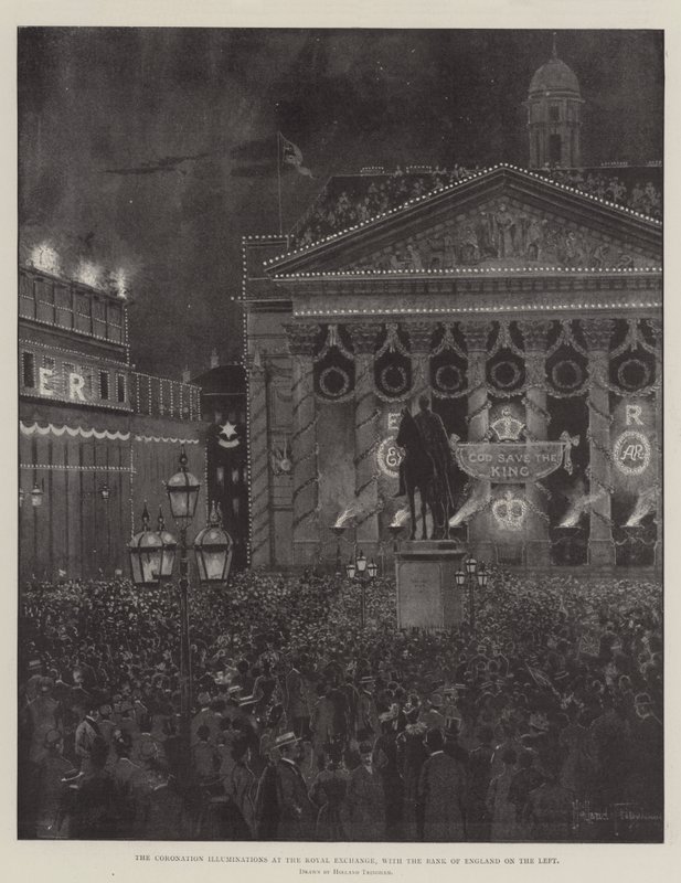 The Coronation Illuminations på Royal Exchange, med Bank of England till vänster av Joseph Holland Tringham
