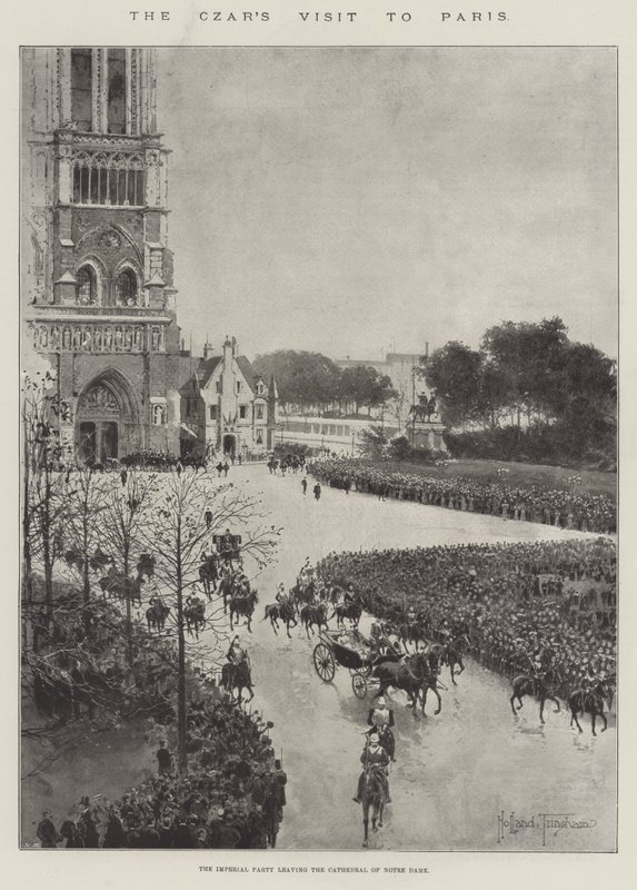 Tsarens besök i Paris, det kejserliga sällskapet lämnar Notre Dame-katedralen av Joseph Holland Tringham