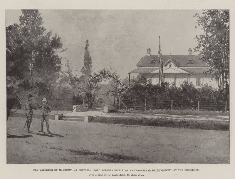 Mafekings försvarare i Pretoria, Lord Roberts tar emot generalmajor Baden-Powell på residenset. av Joseph Holland Tringham