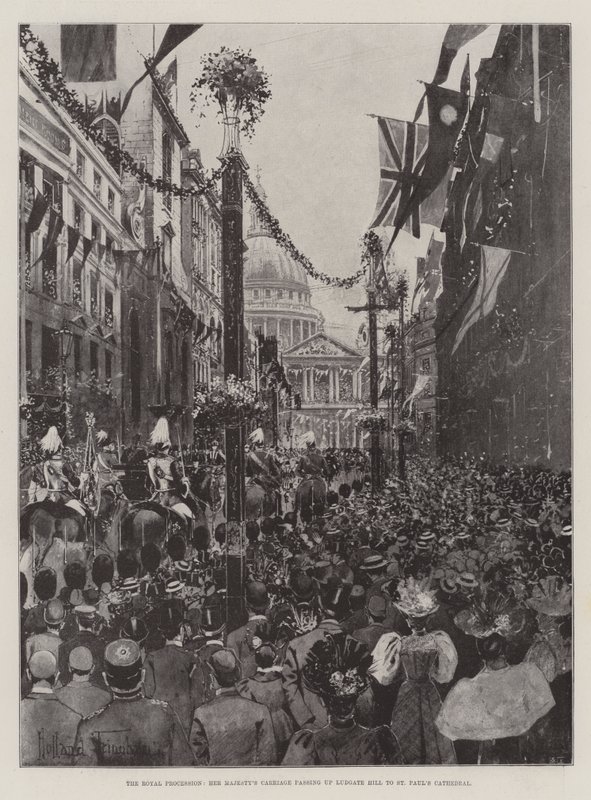 Den kungliga processionen, Hennes Majestäts vagn som passerar uppför Ludgate Hill till St Paul