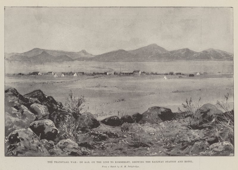 Transvaal War, De Aar, på linjen till Kimberley, som visar järnvägsstationen och hotellet av Joseph Holland Tringham
