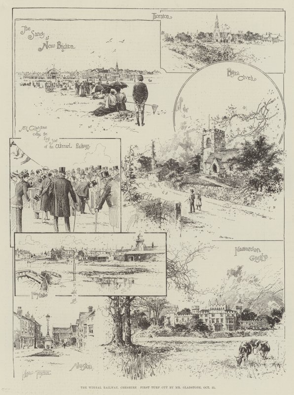 Wirral Railway, Cheshire, första gräsmattan klippt av Gladstone, 21 oktober. av Joseph Holland Tringham