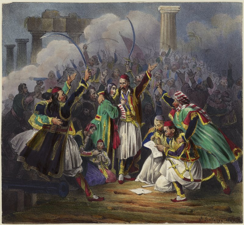 Scen för firande med figurer i traditionell klädsel av Joseph Louis Hippolyte Bellange