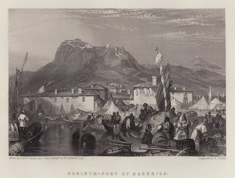 Corinth, Port of Kenkries (färg litho) av Joseph Mallord William (after) Turner