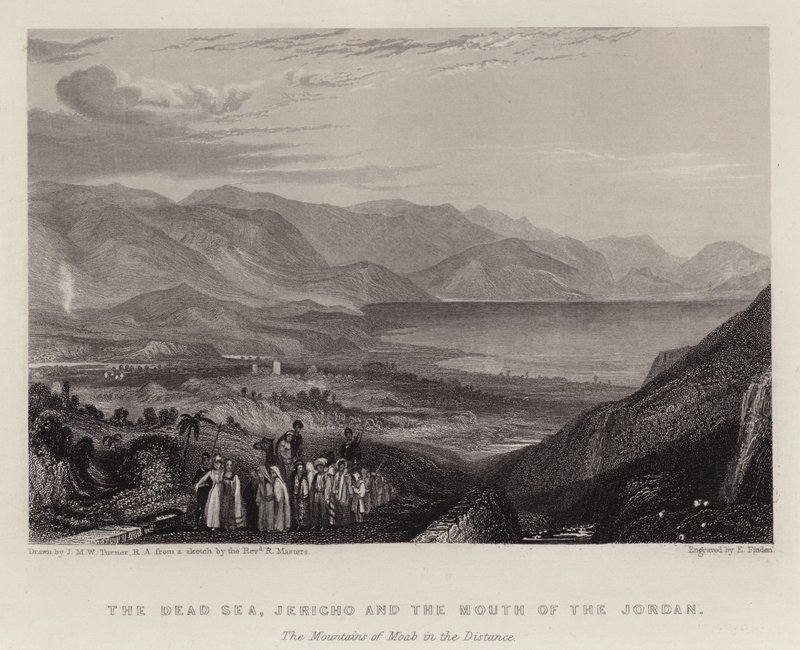 Döda havet, Jeriko och Jordans mynning, Moabs berg i fjärran (färg litho) av Joseph Mallord William (after) Turner
