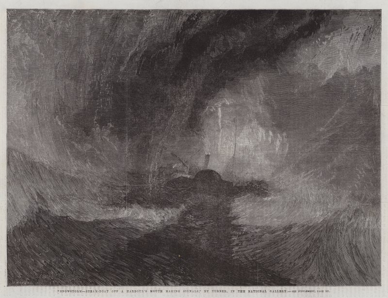 Snöstorm, ångbåt utanför en hamns mun gör signaler, i National Gallery av Joseph Mallord William Turner