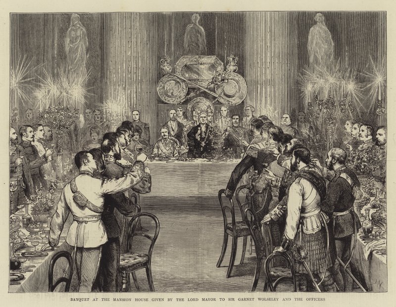Bankett i Mansion House som överlämnades av Lord Mayor till Sir Garnet Wolseley och officerarna av Joseph Nash