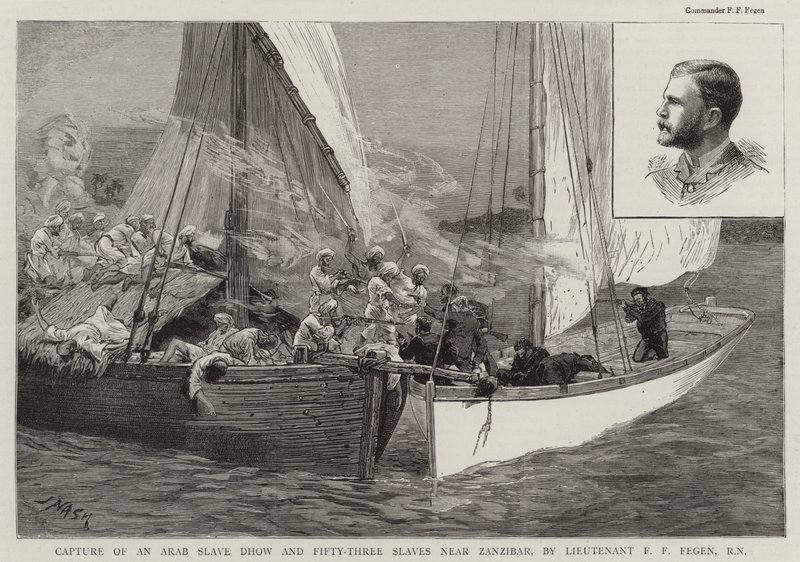Fångst av en arabisk slav Dhow och femtiotre slavar nära Zanzibar, av löjtnant F F Fegen, RN av Joseph Nash