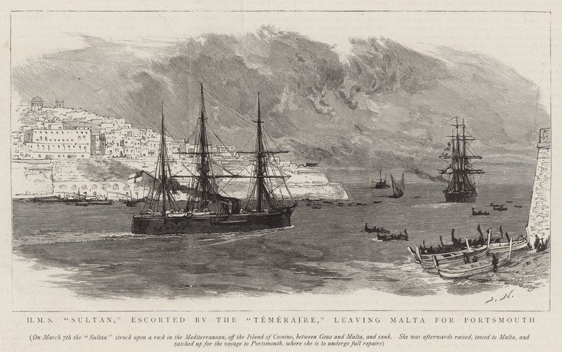 HMS Sultan, eskorterad av Temeraire, lämnar Malta till Portsmouth av Joseph Nash