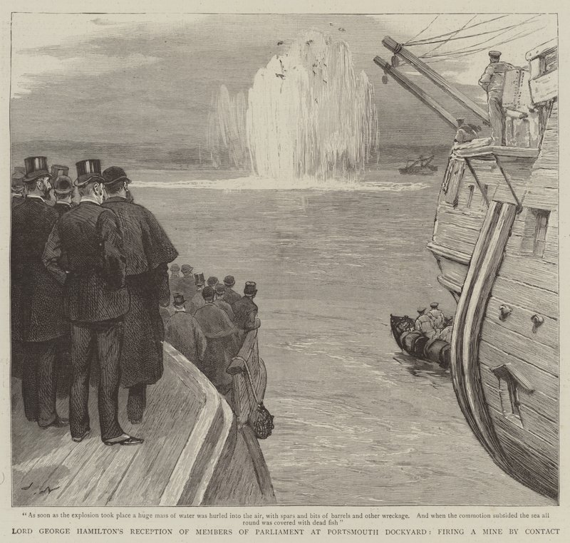 Lord George Hamiltons mottagning av parlamentsledamöter vid Portsmouth Dockyard, avfyrar en gruva genom kontakt av Joseph Nash