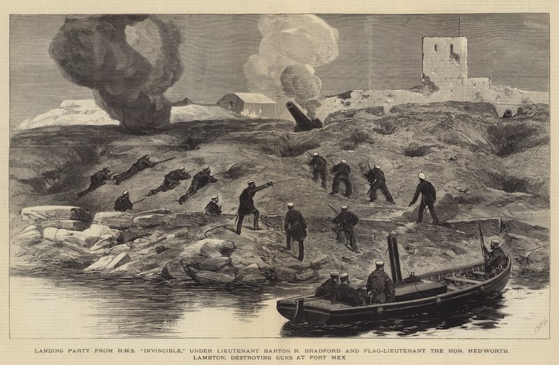 Bombardementet av Alexandria, Landing Party från HMS Invincible, under löjtnant Barton R Bradford och flagglöjtnant den ärade Hedworth Lambton som förstör vapen vid Fort Mex av Joseph Nash