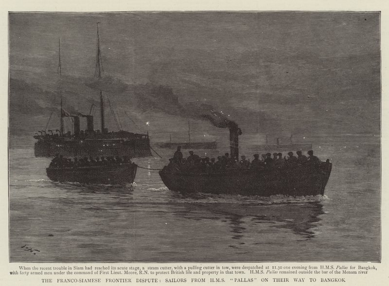 Den fransk-siamiska gränstvisten, sjömän från HMS Pallas på väg till Bangkok av Joseph Nash