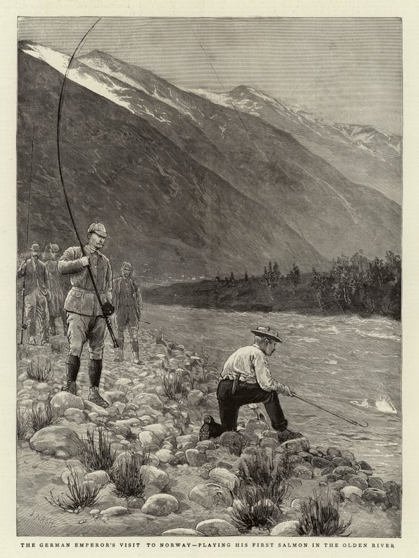 Den tyske kejsarens besök i Norge och spelar sin första lax i Oldenälven av Joseph Nash