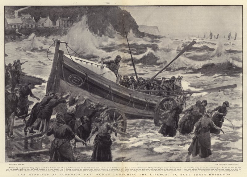 Hjältinnorna i Runswick Bay, kvinnor som sjösätter livbåten för att rädda sina män av Joseph Nash