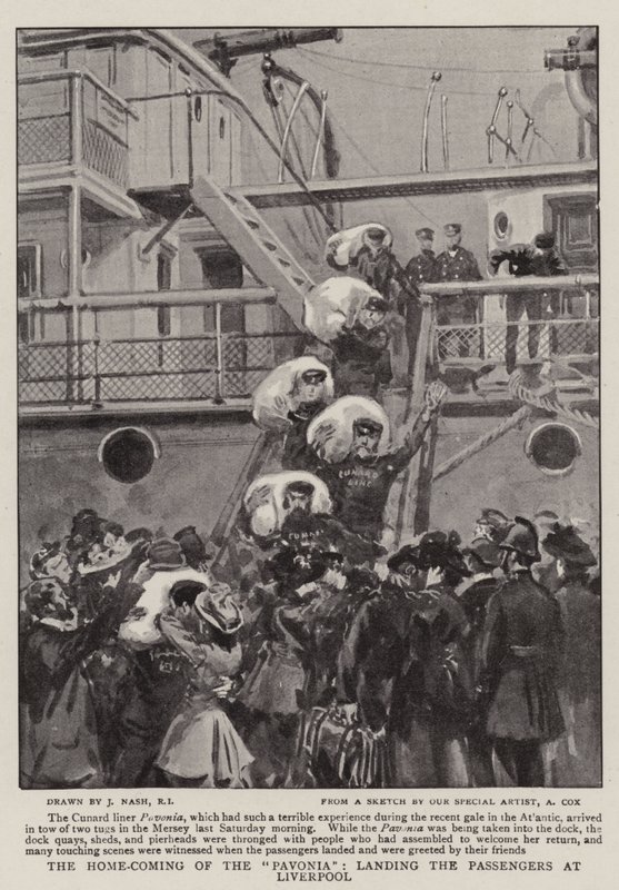 The Home-Coming of the Pavonia, landar passagerarna i Liverpool av Joseph Nash