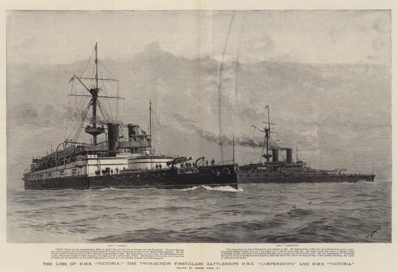 Förlusten av HMS Victoria, Twin-Screw First-Class Battleships HMS Camperdown och HMS Victoria av Joseph Nash