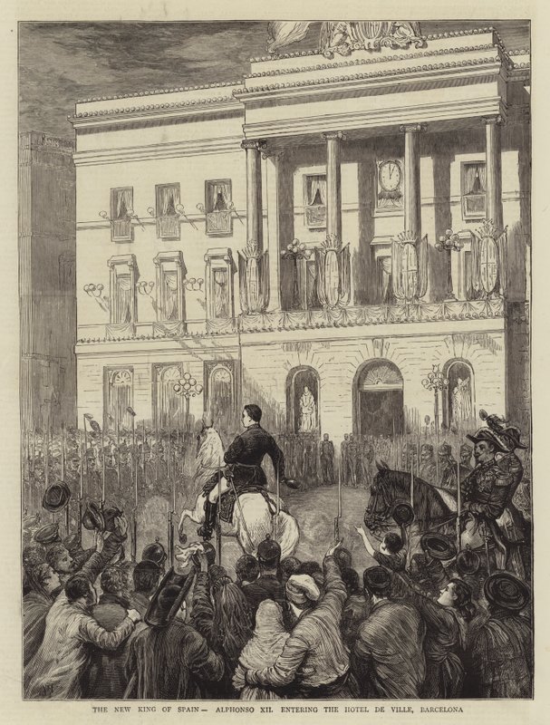 Den nye kungen av Spanien, Alfonso XII, går in på Hotel de Ville, Barcelona av Joseph Nash