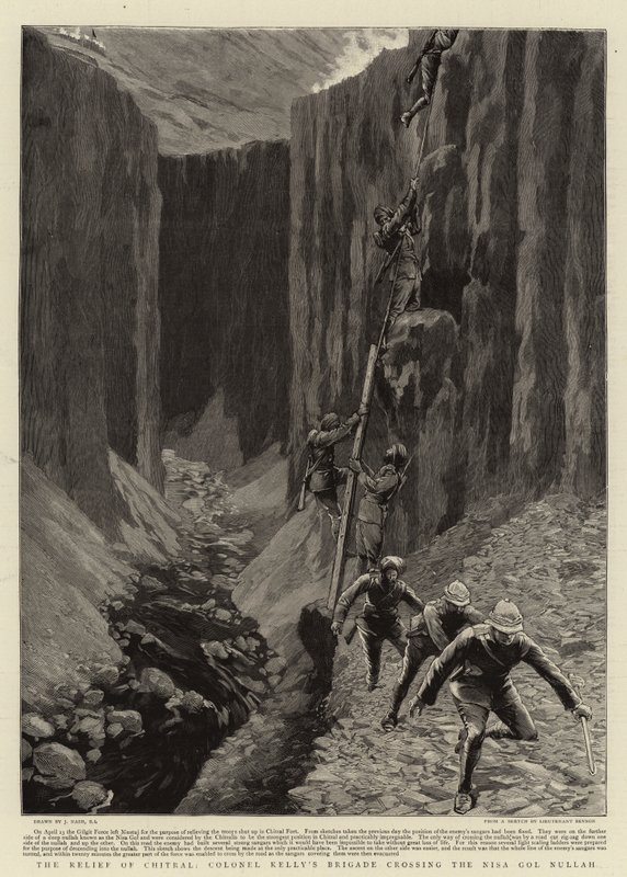 The Relief of Chitral, överste Kellys brigad som korsar Nisa Gol Nullah av Joseph Nash
