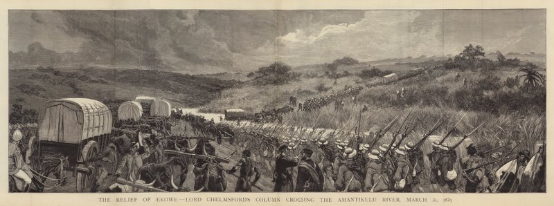 Reliefen av Ekowe, Lord Chelmsfords kolonn som korsar floden Amantikulu, 31 mars 1879 av Joseph Nash