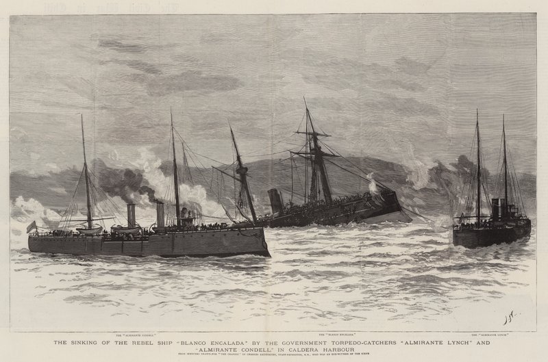 Sänkningen av rebellfartyget Blanco Encalada av regeringens torpedfartyg Almirante Lynch och Almirante Condell i Calderas hamn. av Joseph Nash