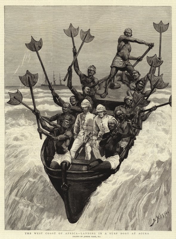 Afrikas västkust, landar i en surfbåt i Accra av Joseph Nash